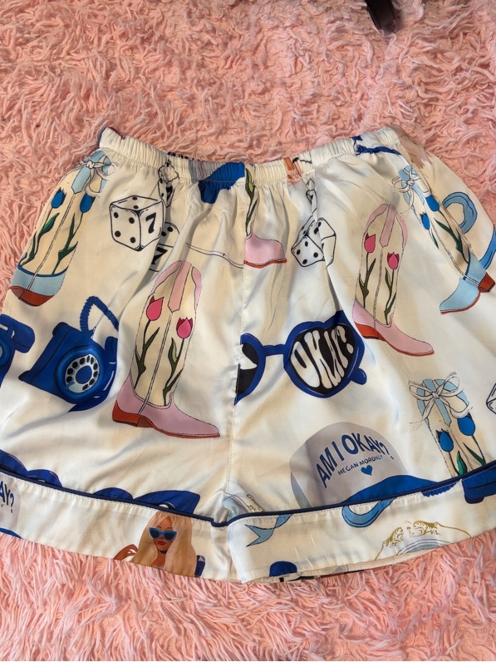 Women’s Printed Megan Maroney Satin Shorts - Cream with Blue Accents